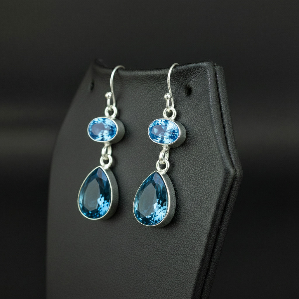 London Blue Topaz and BT stone 925 sterling silver Dangle Drop Earrings 1.90″