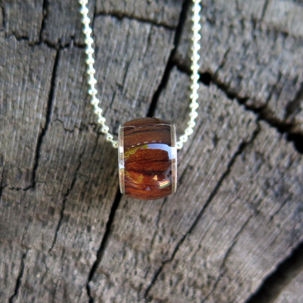 Koa Wood Hawaiian Jewelry Barrel 8mm Silver Rhodium Plated Brass Pendant BRP1042