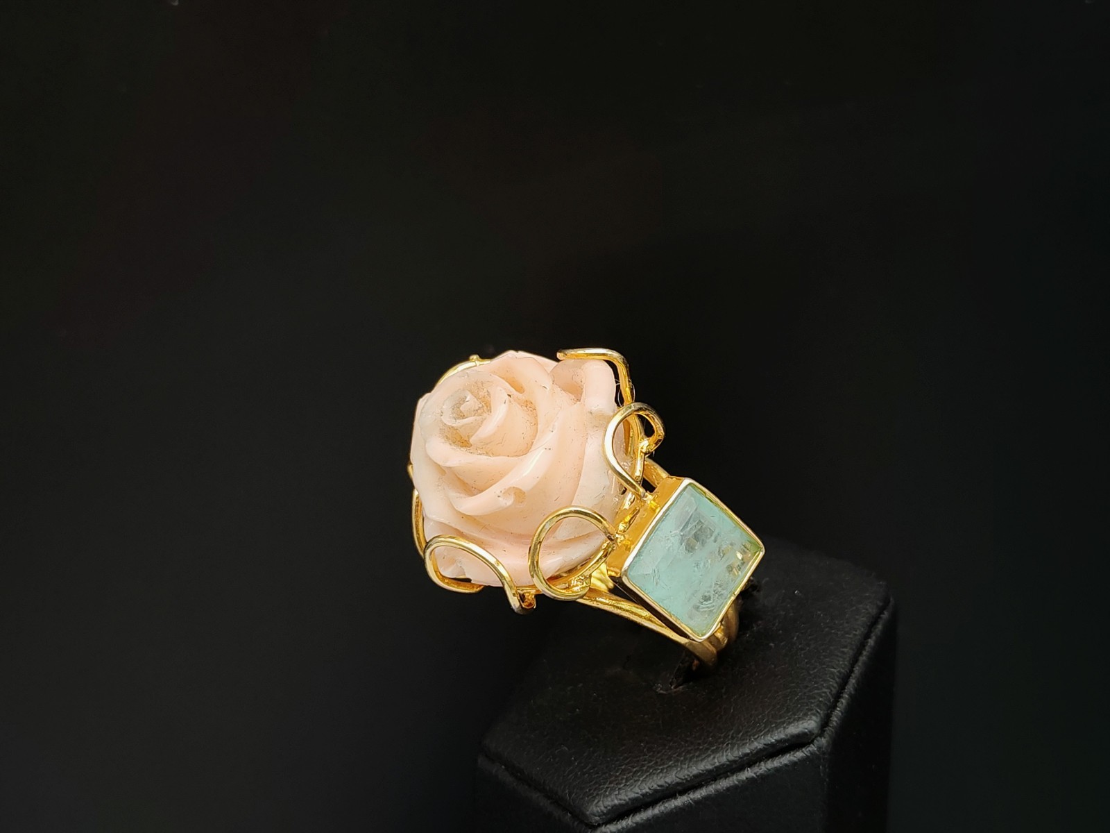 Women’s Ring Real Coral Pink Band 925 Silver Plac Yellow Gold Handmade