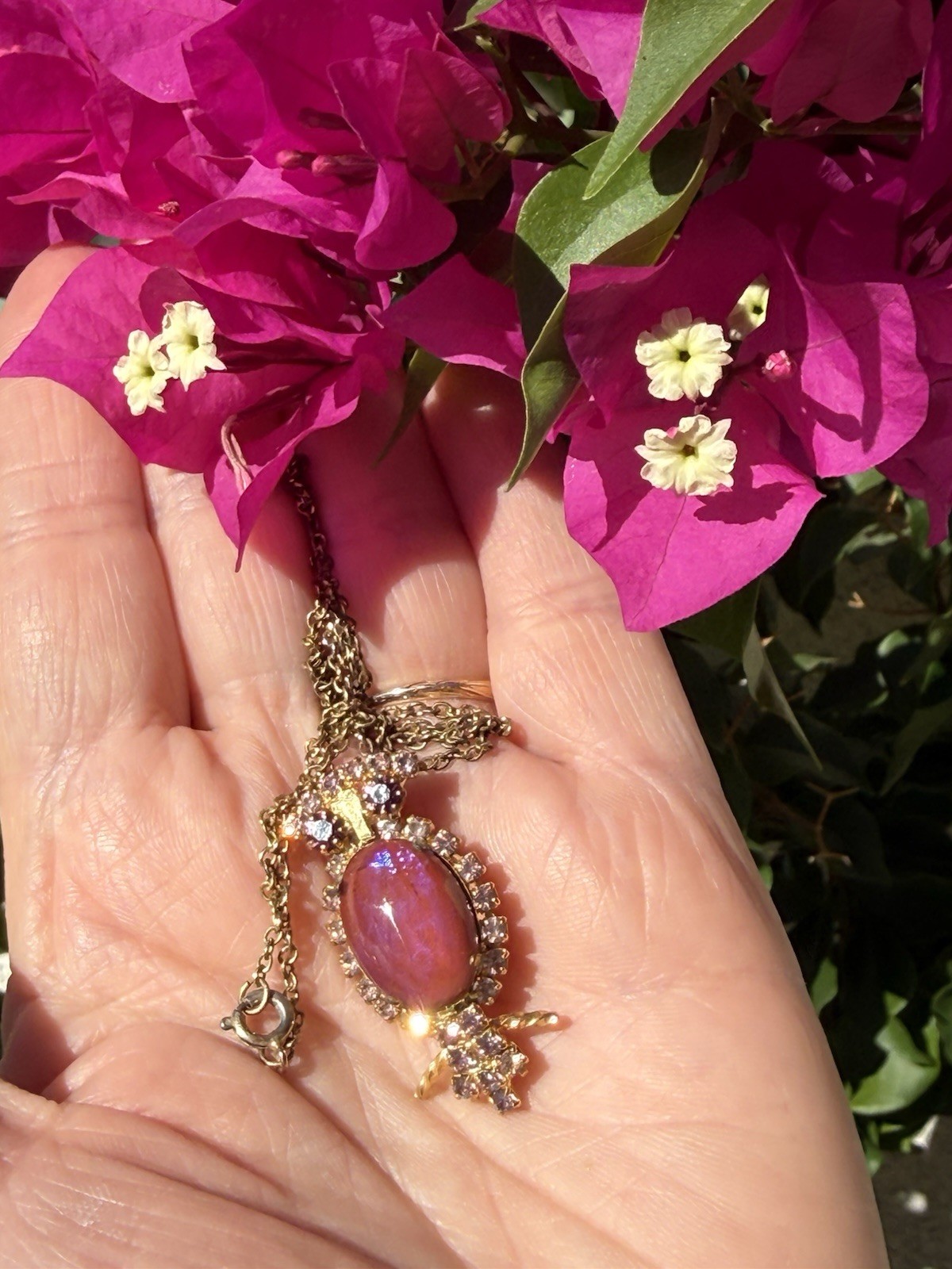 Vintage Gold Tone Signed Hobe Pink Jelly Belly Crystal Owl Pendant & Necklace
