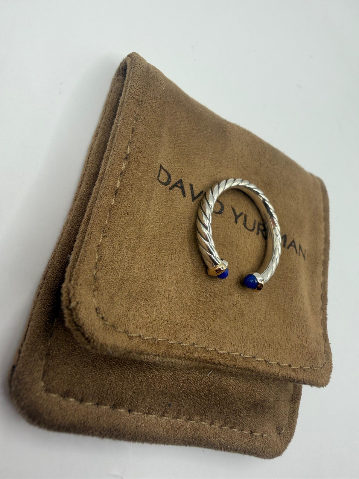 David Yurman Sterling Silver Petite Cable Open Ring W/ 14k Gold & Lapis Size 7