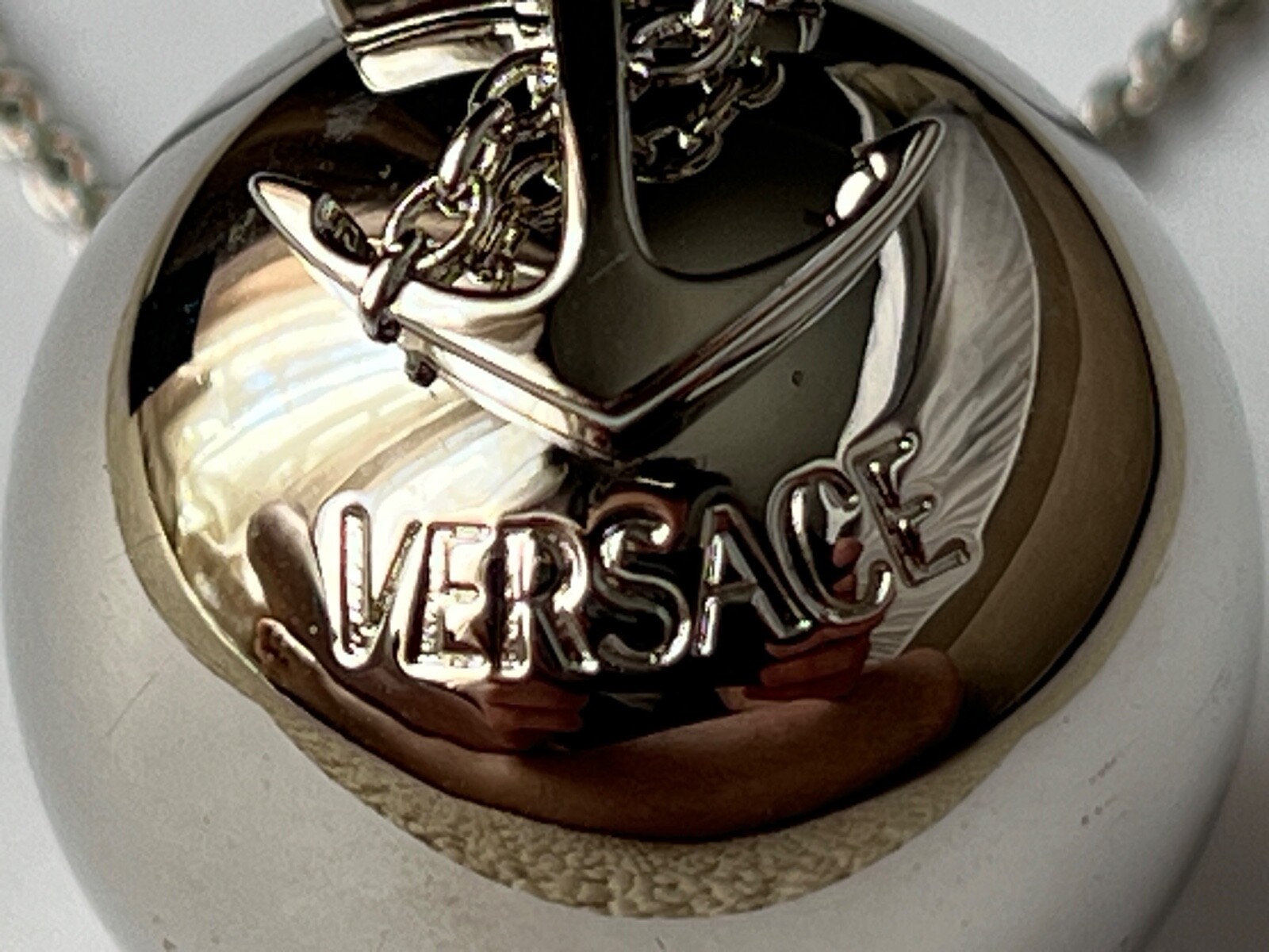 NIB Versace Nautical Anchor Logo Large Silver Sphere Round Pendant Necklace $975