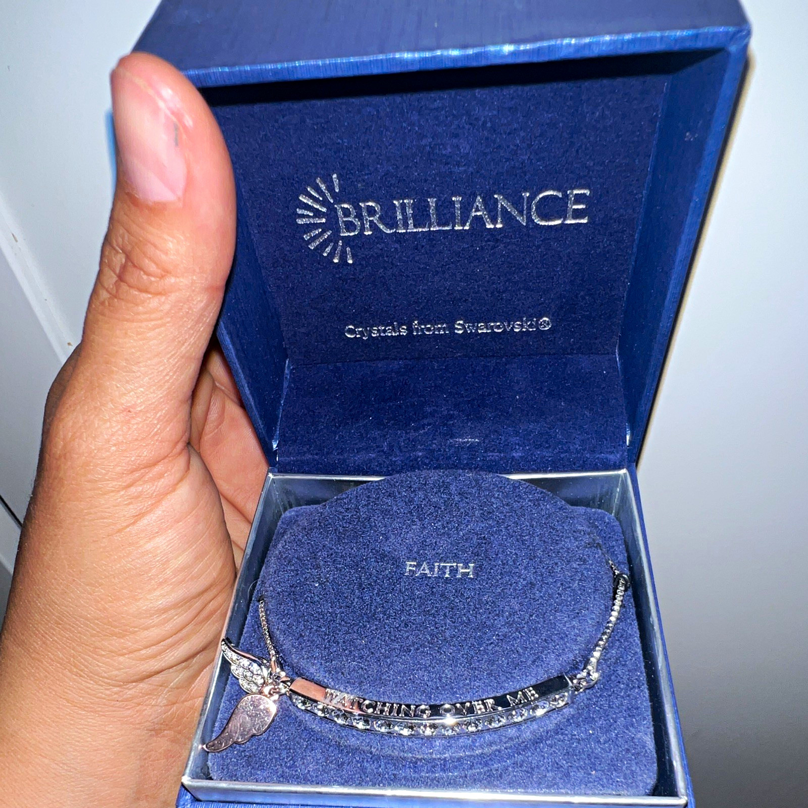 Brilliance FAITH Bar Necklace Swarovski Crystal Angel Wing Charm Silver