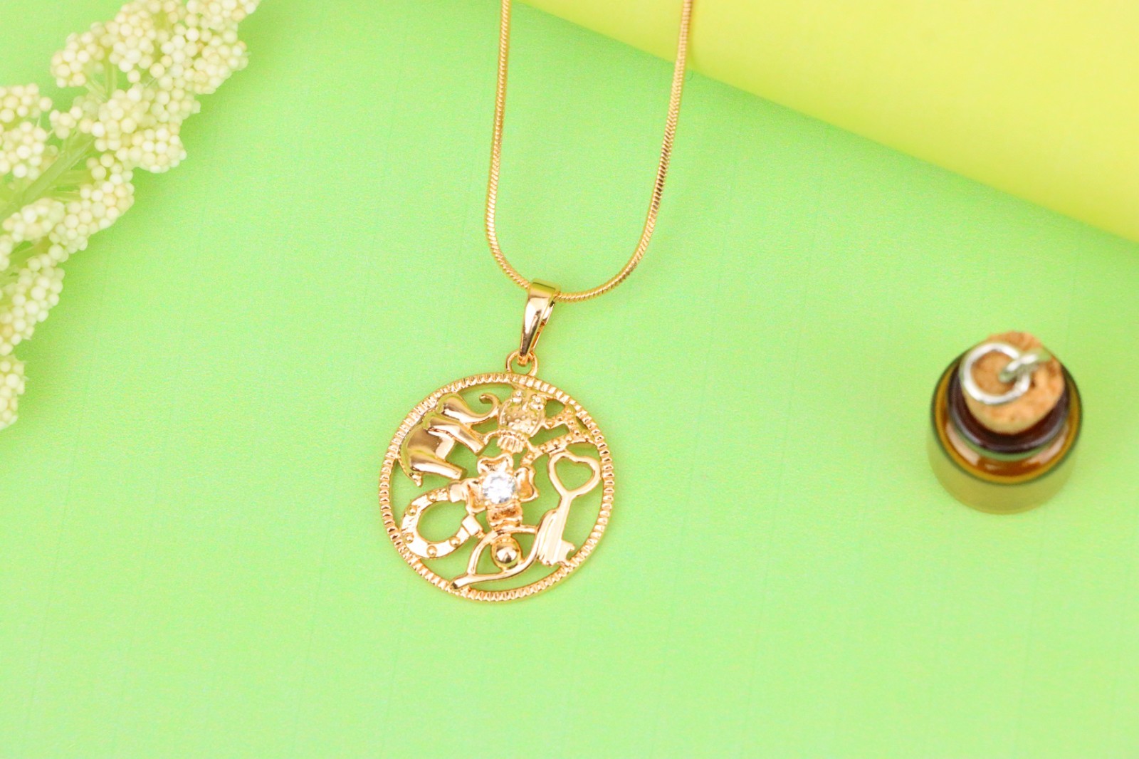 Round Rose Gold Pendant with Religious Motifs and Center Stone, XPPT1442