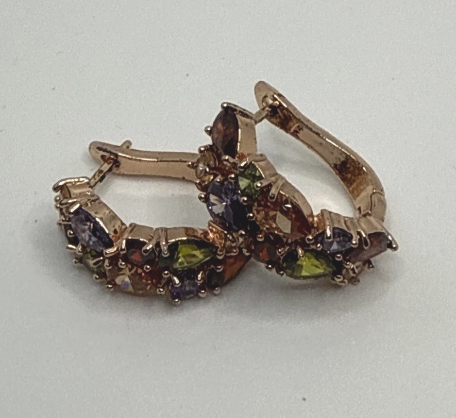 Rose Gold Tone Multicolor Gemstone Hoop Earrings Elegant Statement Earrings