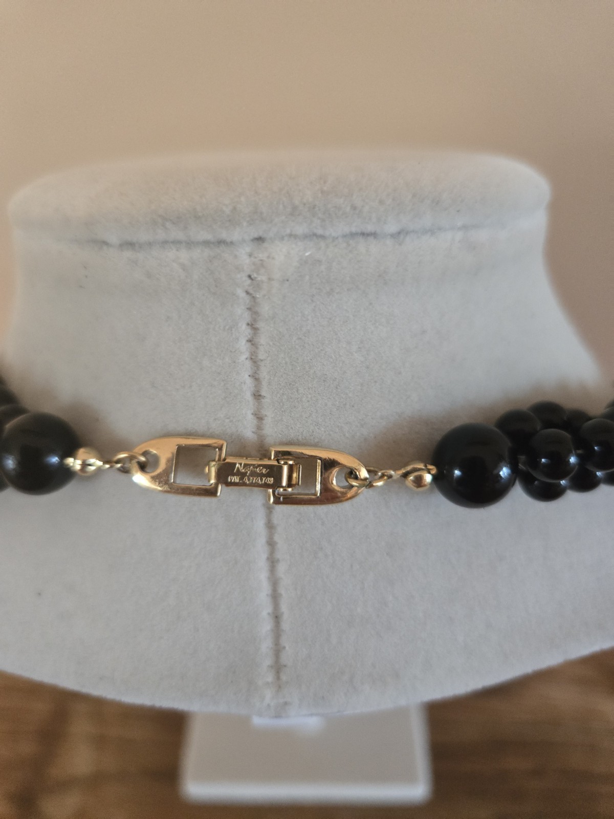 Napier Black Onyx Beaded Necklace Gold Tone Accents, Push Lock Clasp