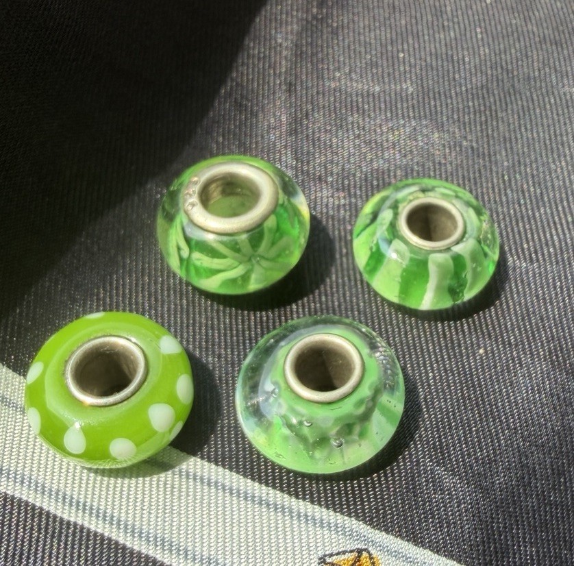 Lot of 4 Murano Glass Charm Beads Green Floral – 1 Stamped 925 Sterling Silver