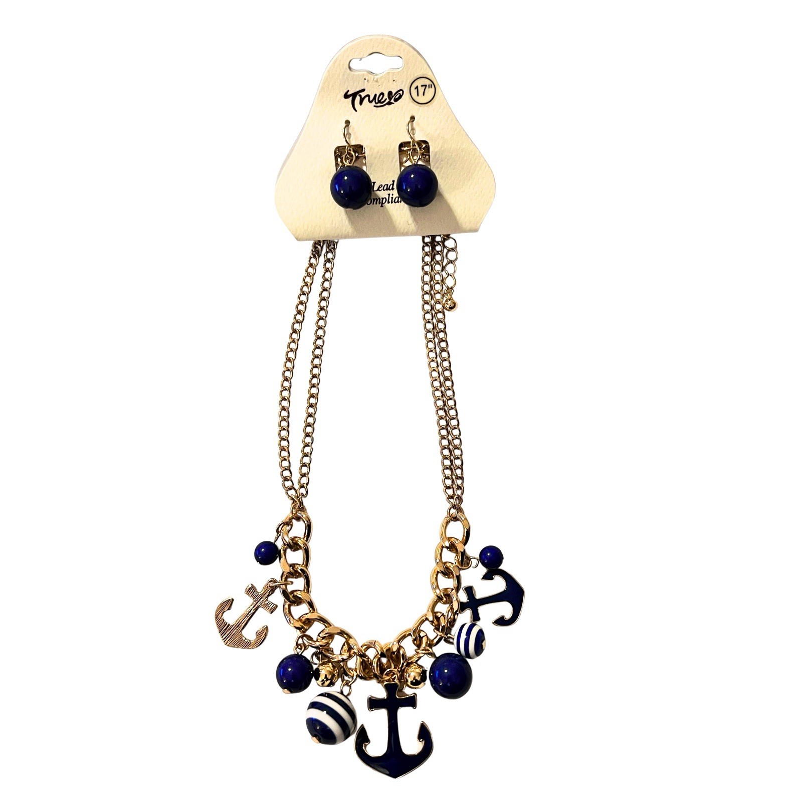 Nautical Anchor Blue White Beaded Charm Gold Tone Necklace Drop Earrings Set New