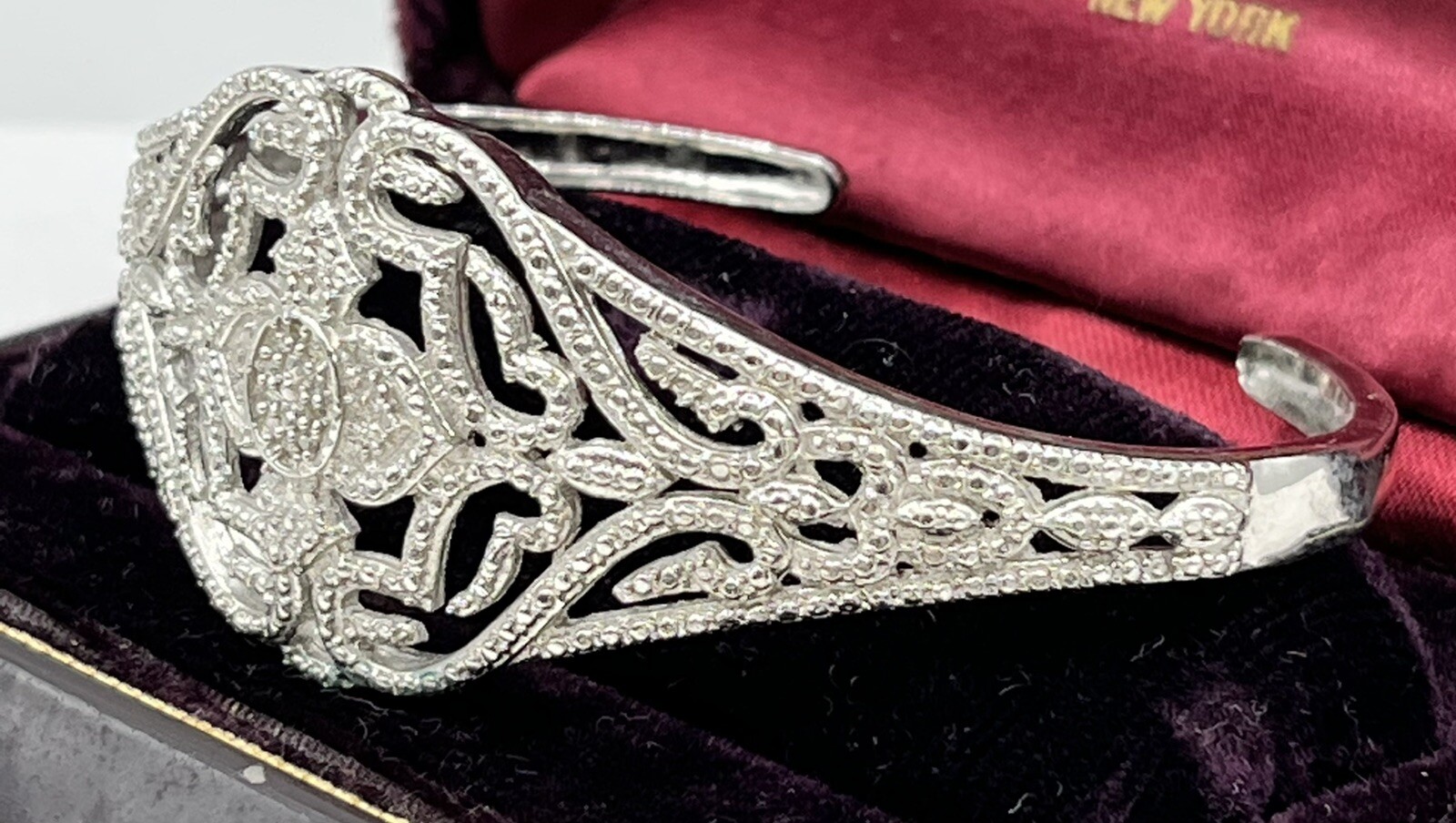 Vintage KARIS STS Silver plated FAUX MARCASITE Crystal CUFF Bracelet LOVELY
