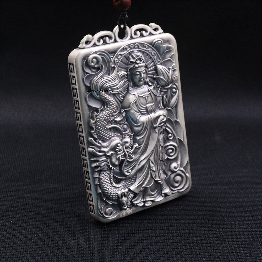 Pure S999 Sterling Silver Pendant Men Women Guanyin Lotus Pendant 57-58g 67*42mm