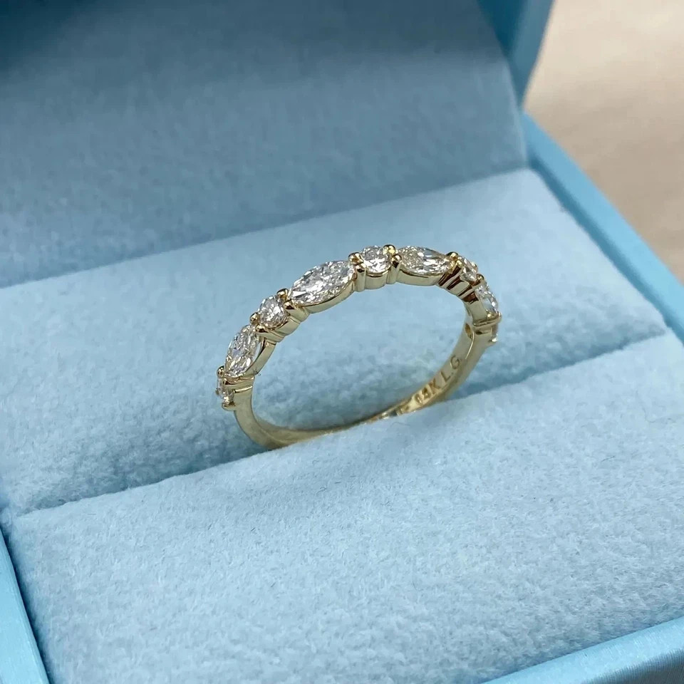 Diamond Band Round & Marquise Cut 0.7 Ct 14k Yellow Gold Lab Grown VVS E F CVD