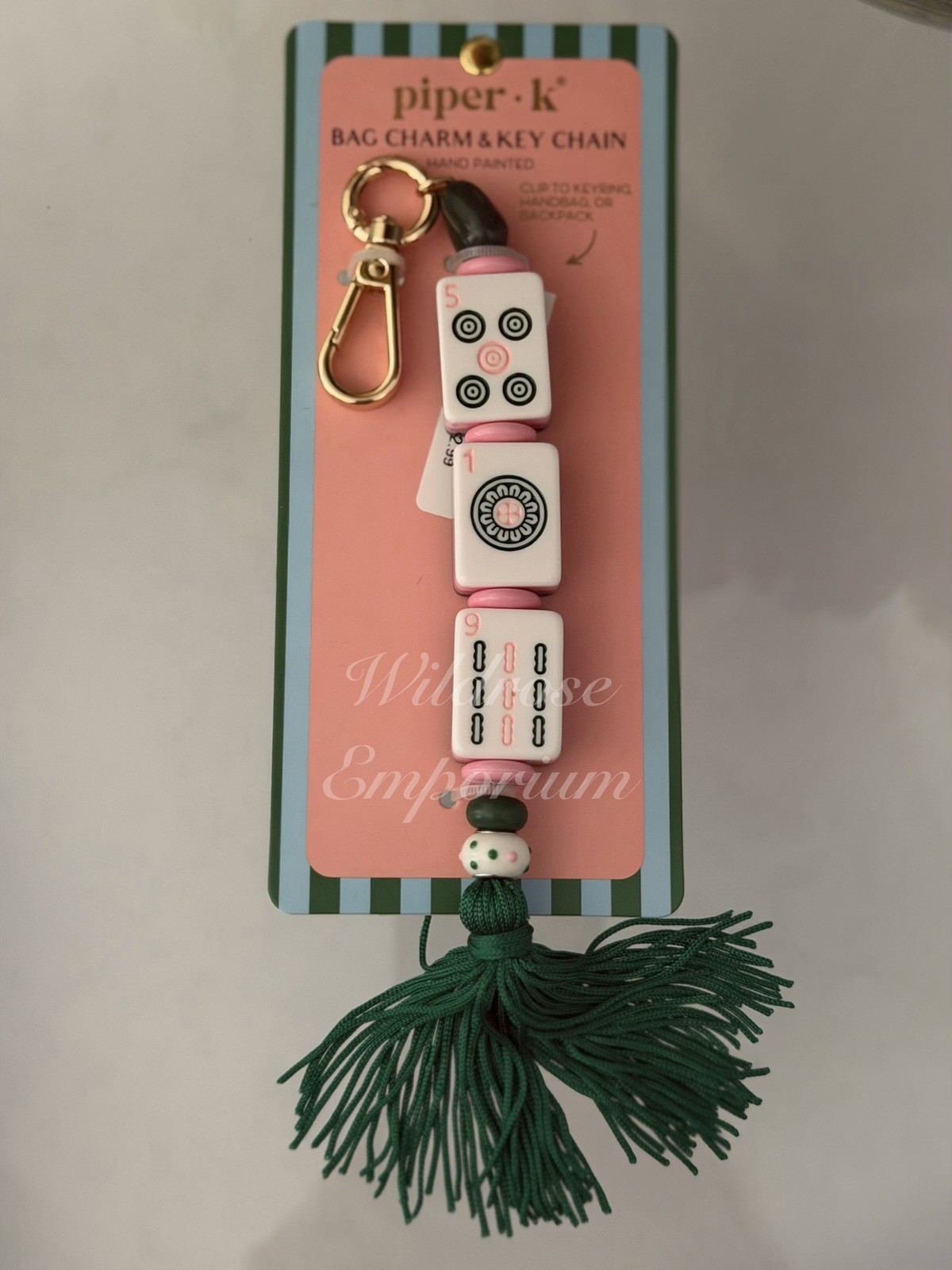 Piper K whimsical pink green mahjong game tile motif keychain bag charm