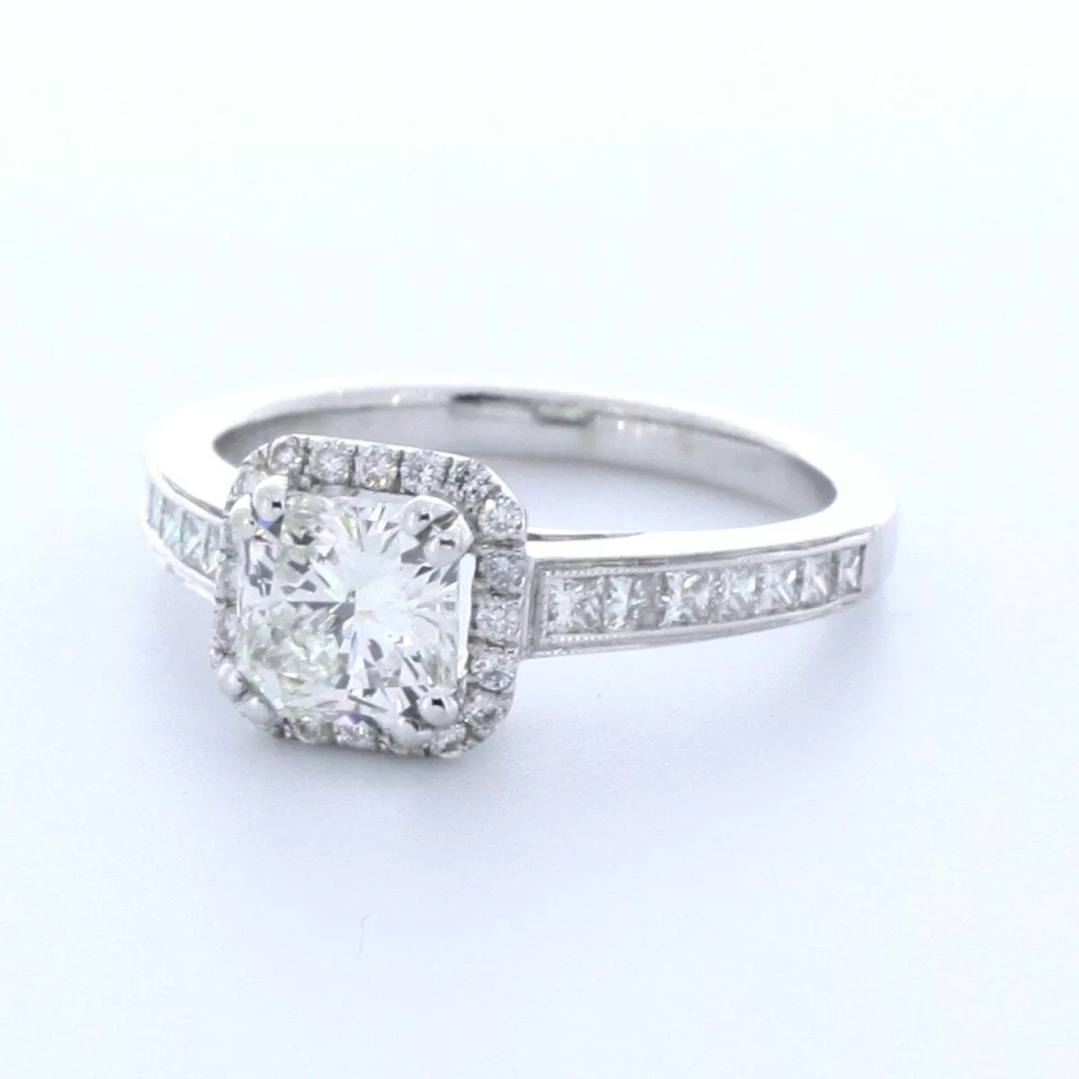 Side Stone Engagement Ring Halo 18K Gold 1.77 CT Radiant Natural Diamond F VS1