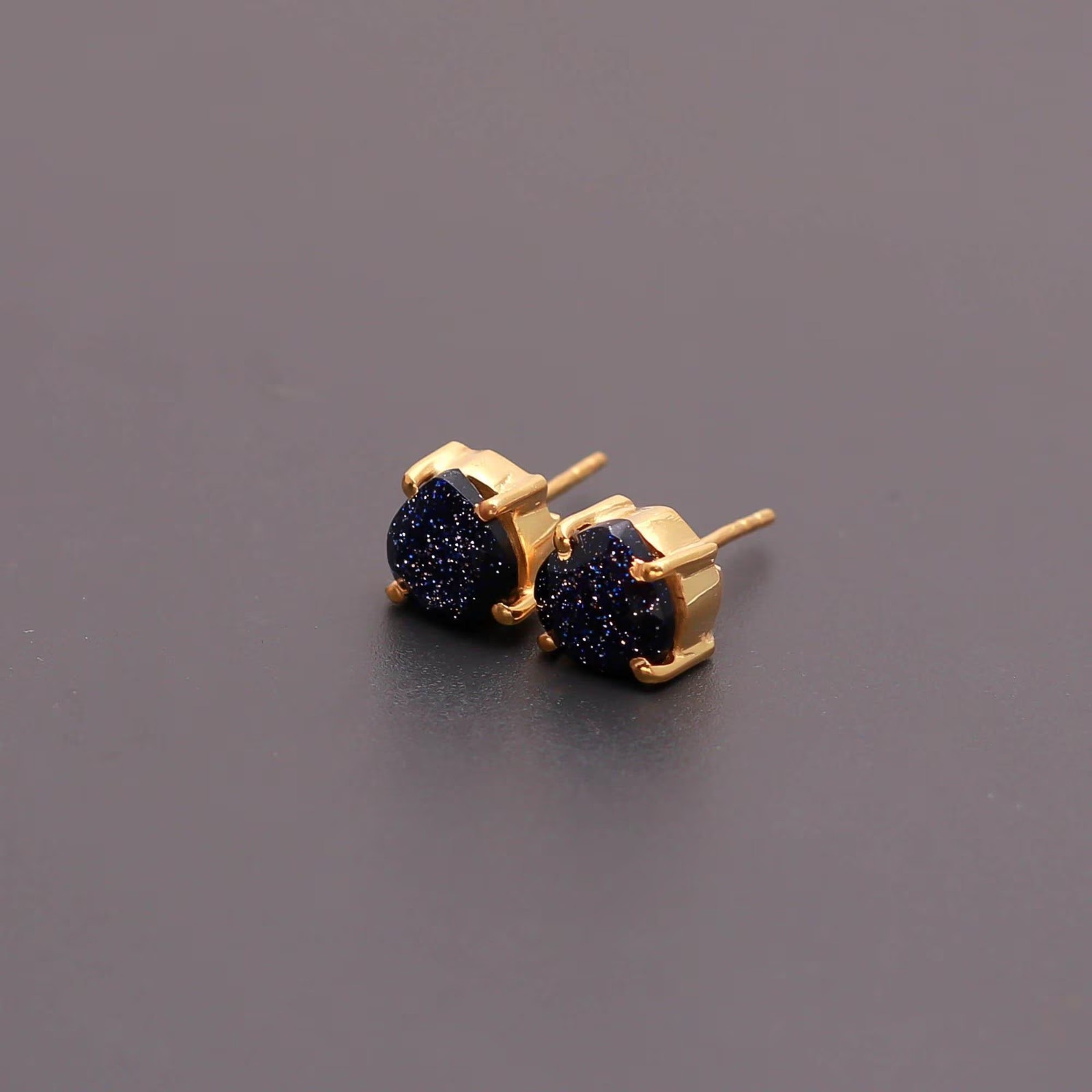 Blue Sandstone Stud Heart Stud Earrings 925 Sterling Silver Gold Plated Jewelry