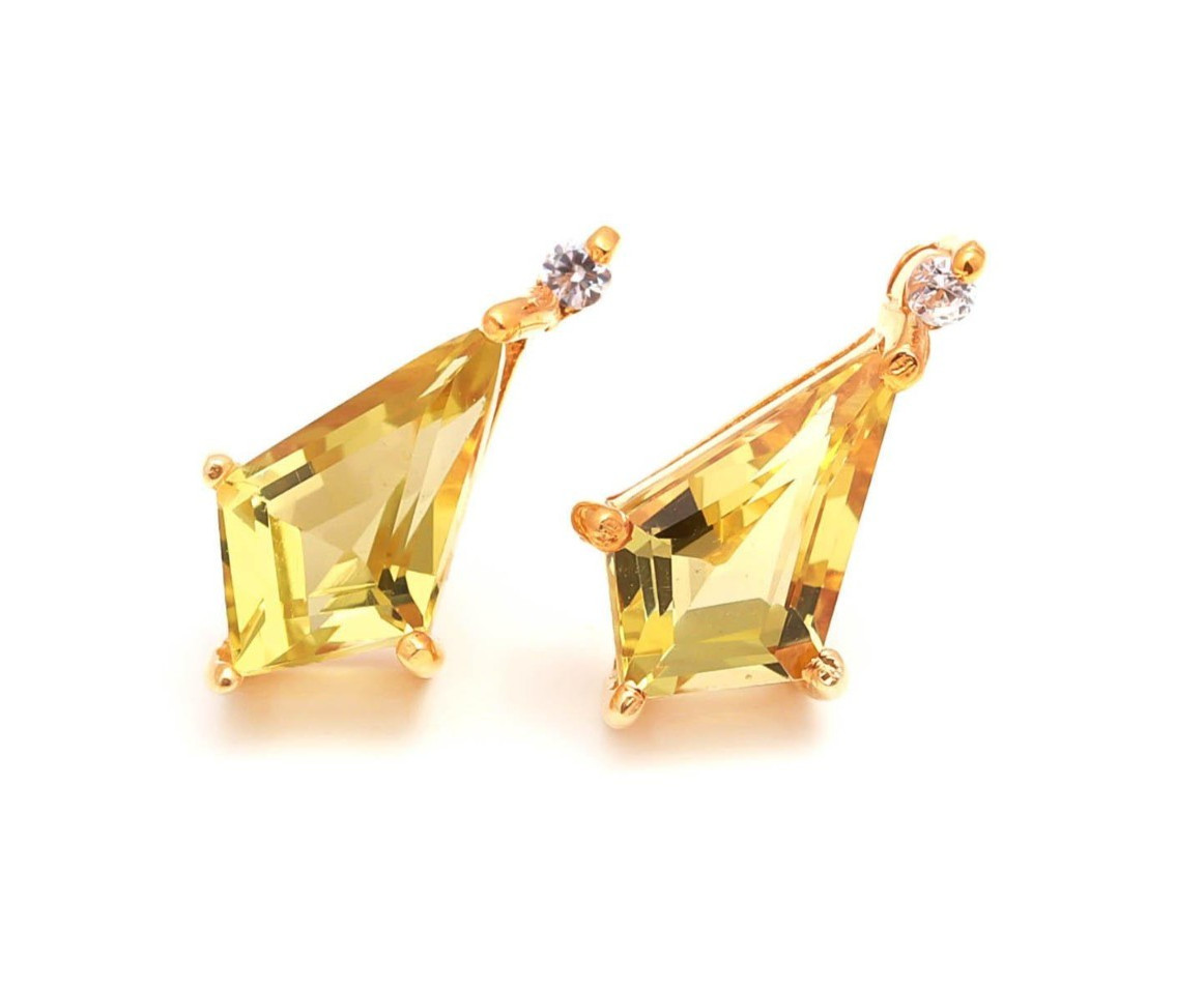 Natural Lemon Quartz Kite Stud Earrings Gold Plated 925 Sterling Silver Jewelry