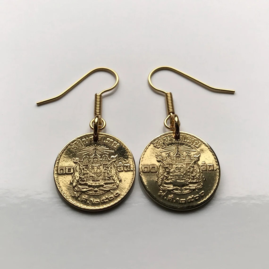 1957 Thailand Siam coin earrings Wat Arun Erawan Lan Xang Bangkok Phuket e000388
