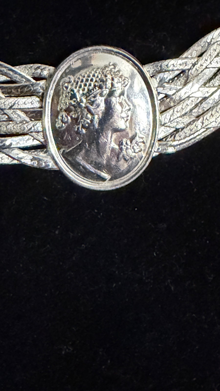 Vintage Italian Milor Sterling Silver Woven Herringbone Cameo Medallion Necklace