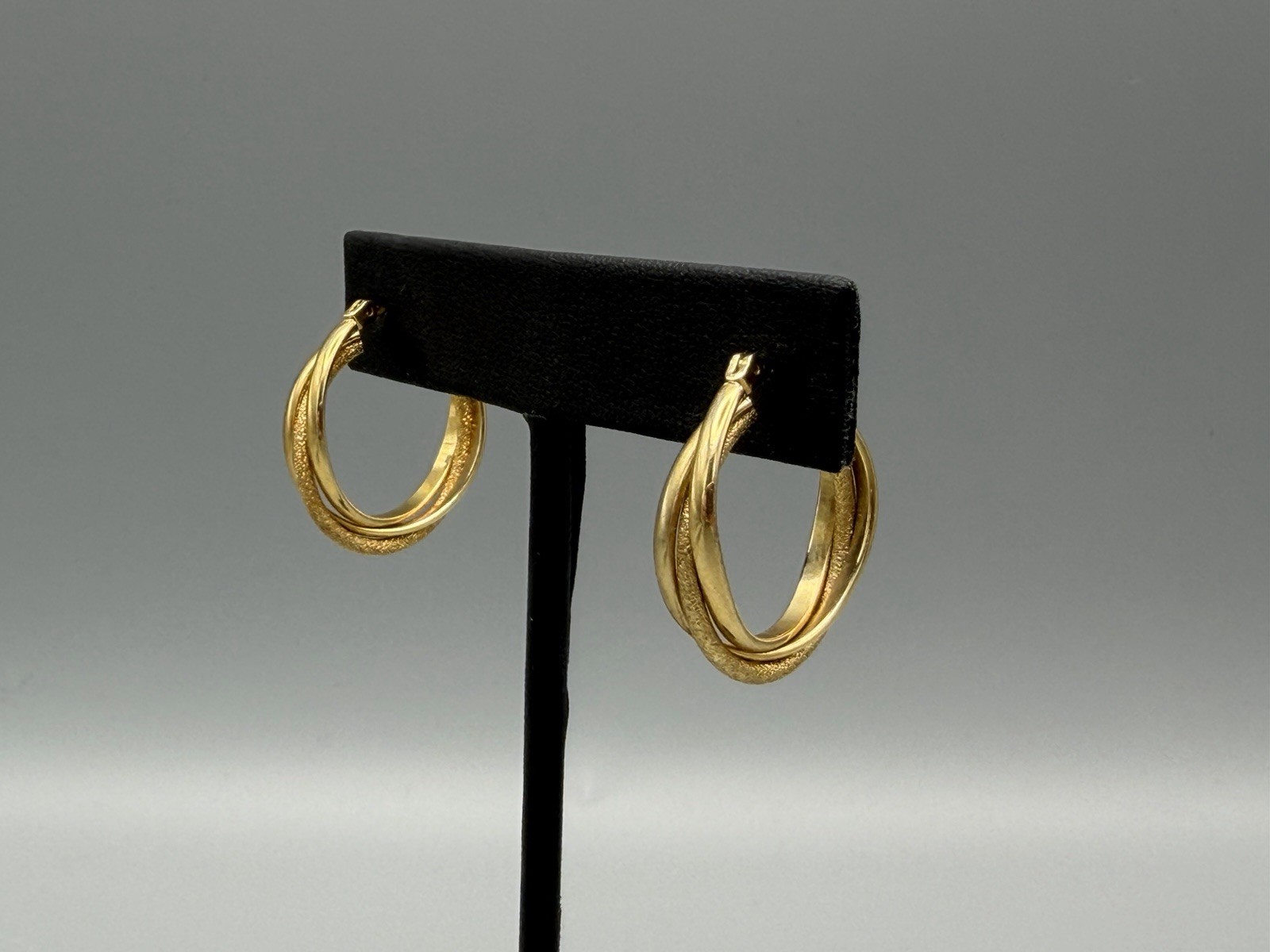 Gold Tone Hoop Earrings Textured Triple Row Snap Closure
