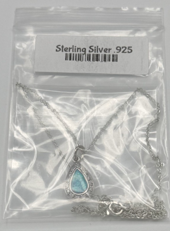Sterling Silver Lab Blue Opal and CZ Pendant Necklace 18″ 4.1g NWT Gift Box