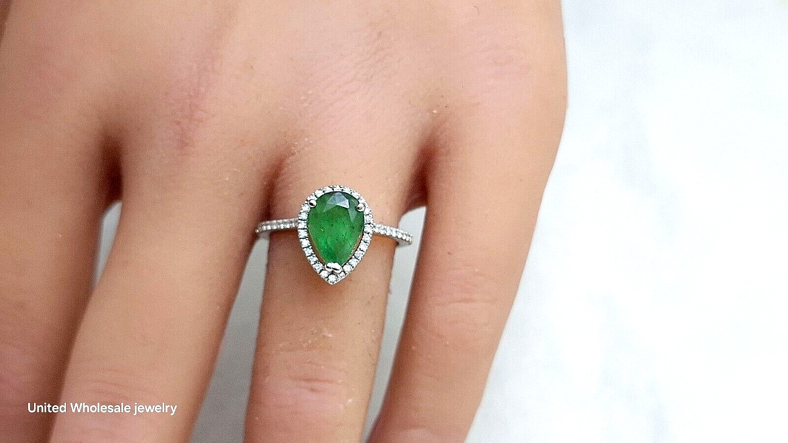 2.38Ct Genuine Mined Pear Emerald & Diamond Ring In Solid 14K White Gold