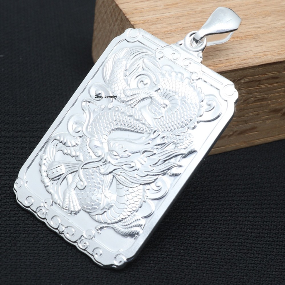 NEW Pure 999 Fine Silver Pendant Dragon-Pattern Amulet Pendant 57mm H