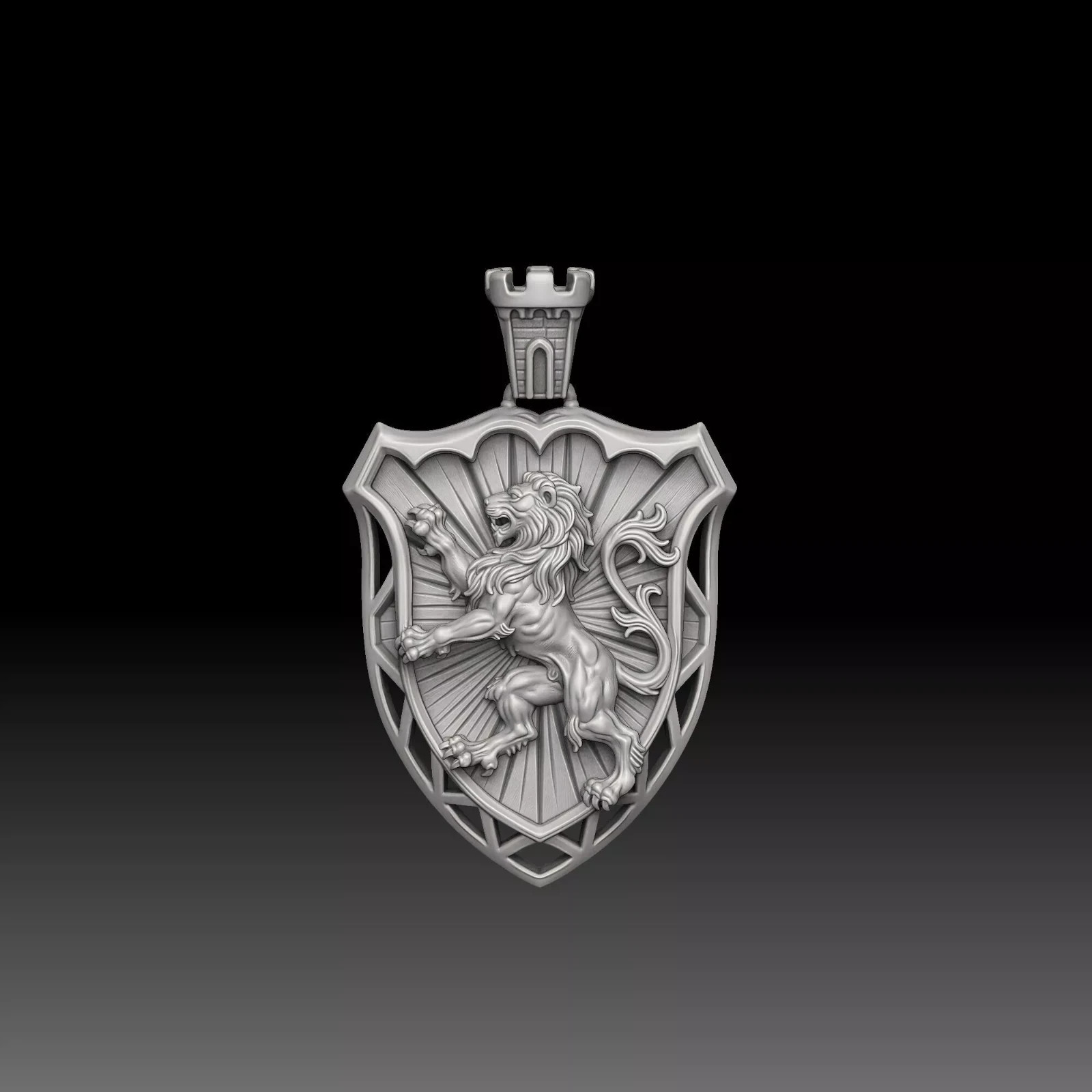 Lion Shield Castle Pendant | 999 Fine Silver 25mm | Handmade USA