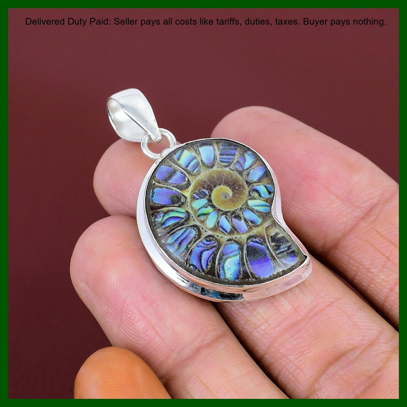 925 Silver Abalone Shell In Ammonite Doublet Opal Gemstone Bezel Pendant Jewelry