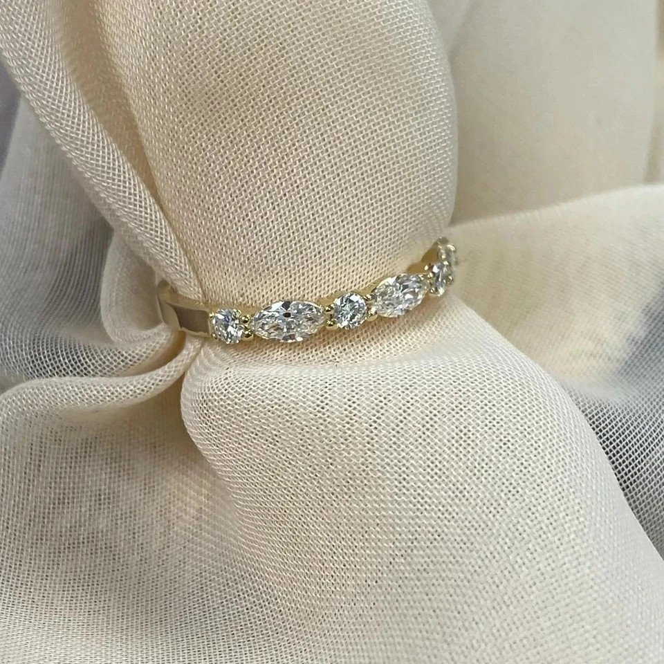 Diamond Band Round & Marquise Cut 0.7 Ct 14k Yellow Gold Lab Grown VVS E F CVD