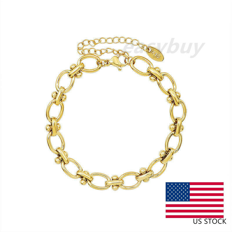 7.5mm Woman 18K Gold Plated Stainless Steel Rolo Link Chain Bracelet 6.3-8.26”