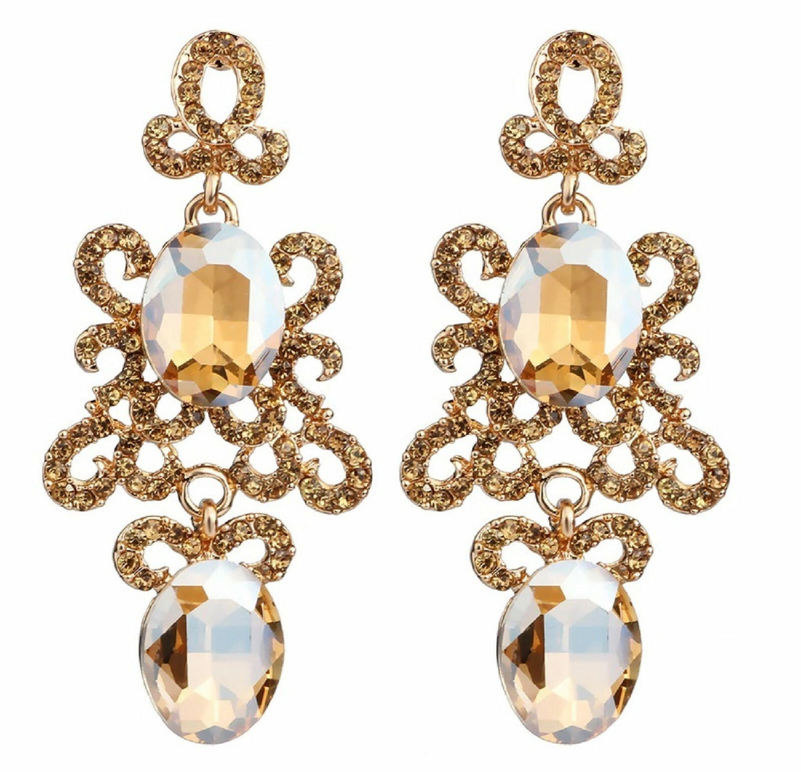 Topaz Color Chandelier Earrings Rhinestone Crystal Statement Drag Queen 2.8 in