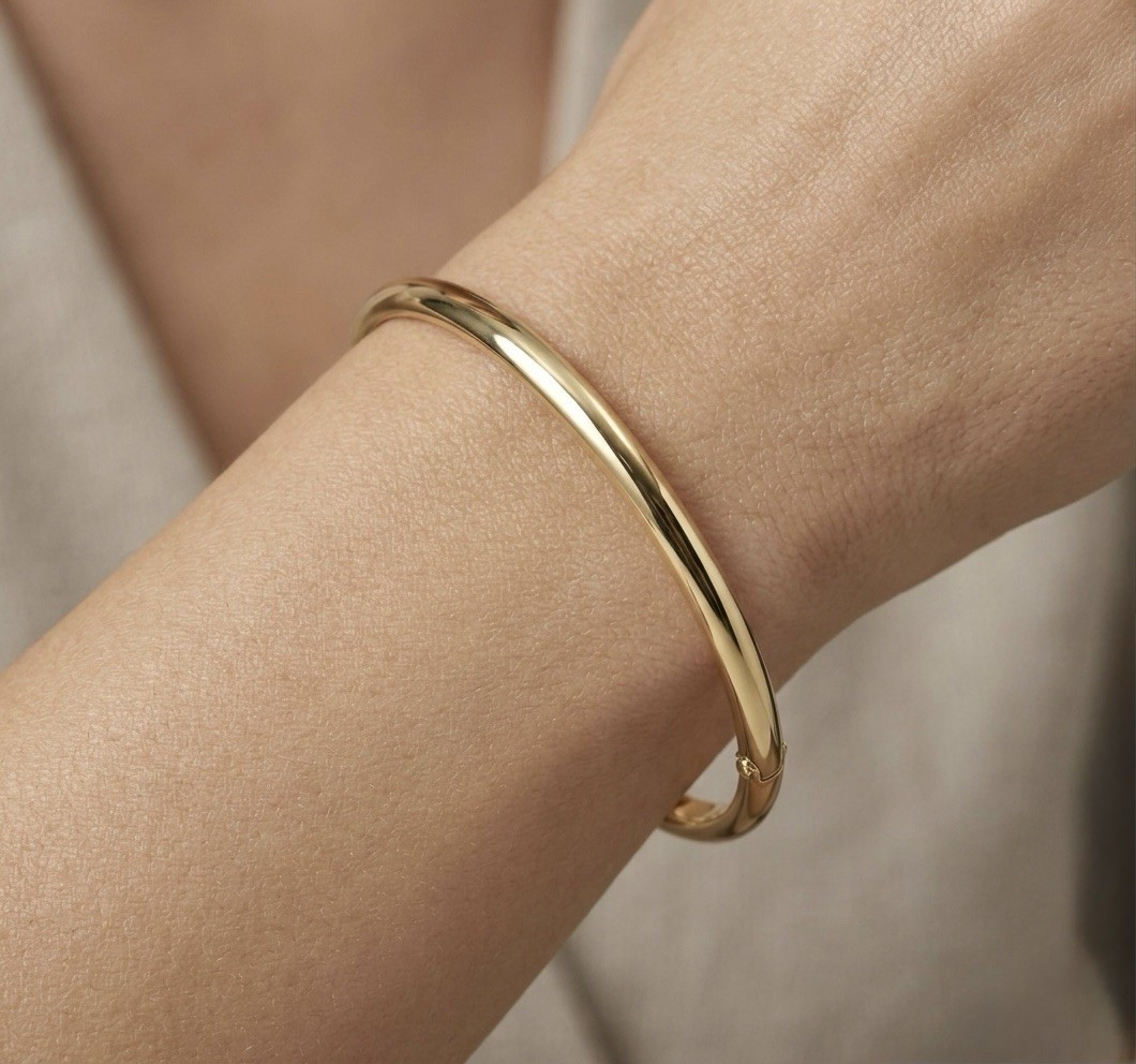 14K Gold Plated Hinged Thin Bangle Bracelet Water Resistant Rhodium Finish