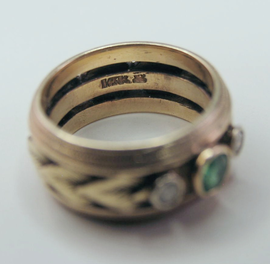Vintage 14k Gold 1 Emerald 2 Diamond Leaf Die-Struck Size 4.5 Ring 6.7g HEAVY!