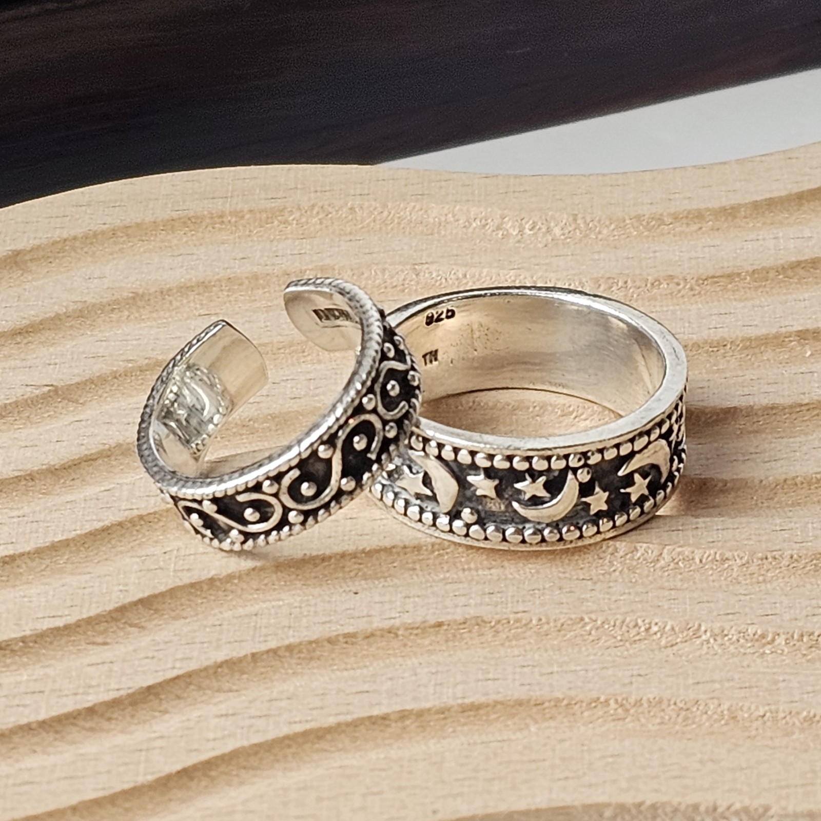925 Sterling Silver Celestial Design Oxidized Finish Ring Size 4 & 8.25 – 9.6g