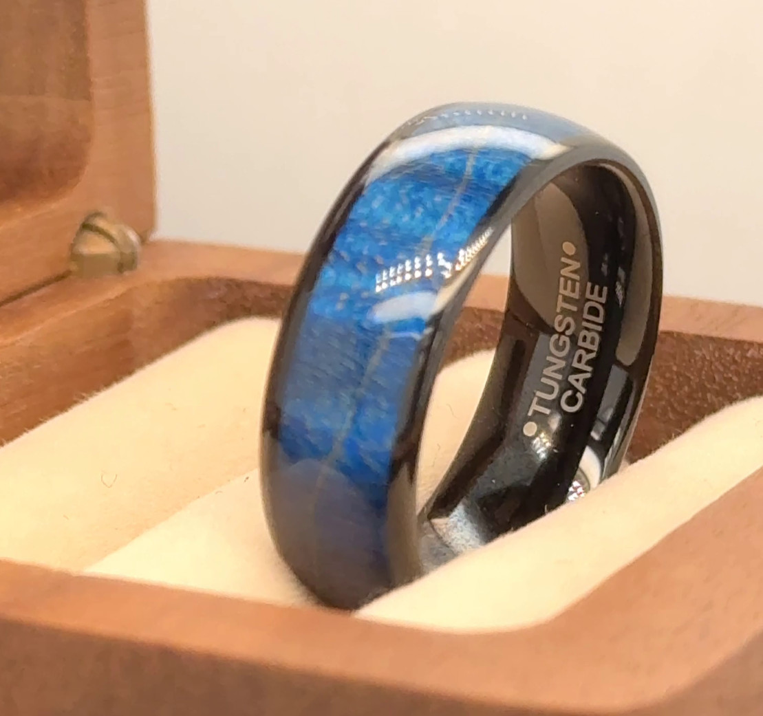Domed Black Tungsten Wedding Ring – Light Blue Azur Stabilized Wood Inlay Band