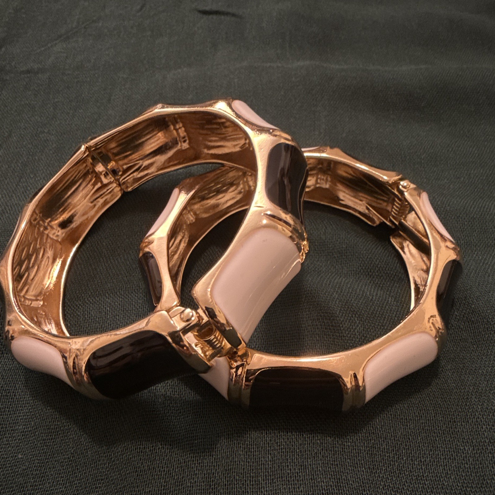 Set of 2 Gold Tone Black White Enamel Bangle Bracelets No Stone