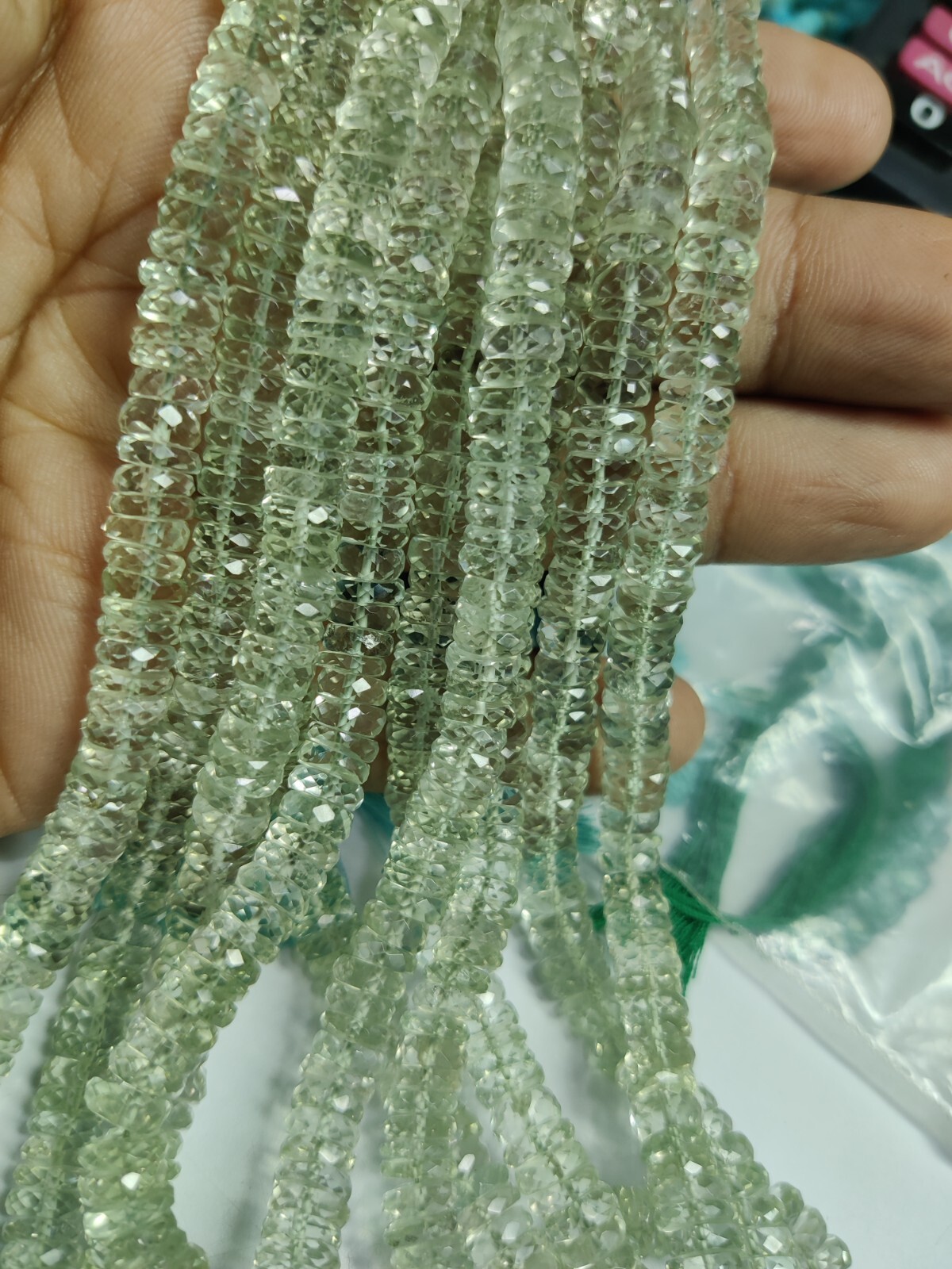 AAA PRASIOLITE GREEN AMETHYST WHEEL TIRE FACETED 6-7 MM BEADS 8″ STRANDS