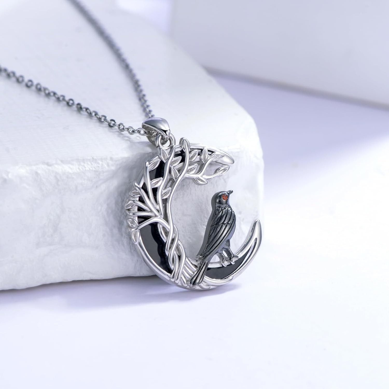 Gothic Raven Necklace for Women 925 Sterling Silver Tree of Life Moon Pendant
