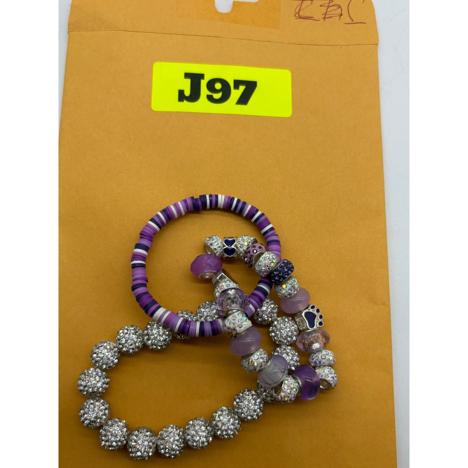Purple Silver Beaded Stretch Bracelet Set Rhinestone Disco Ball Heart Paw 3pc