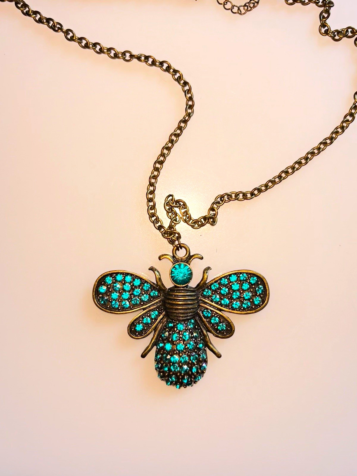Bronze-tone Teal Crystal Pavé Bee Charm Pendant Necklace, Adjustable Curb Chain
