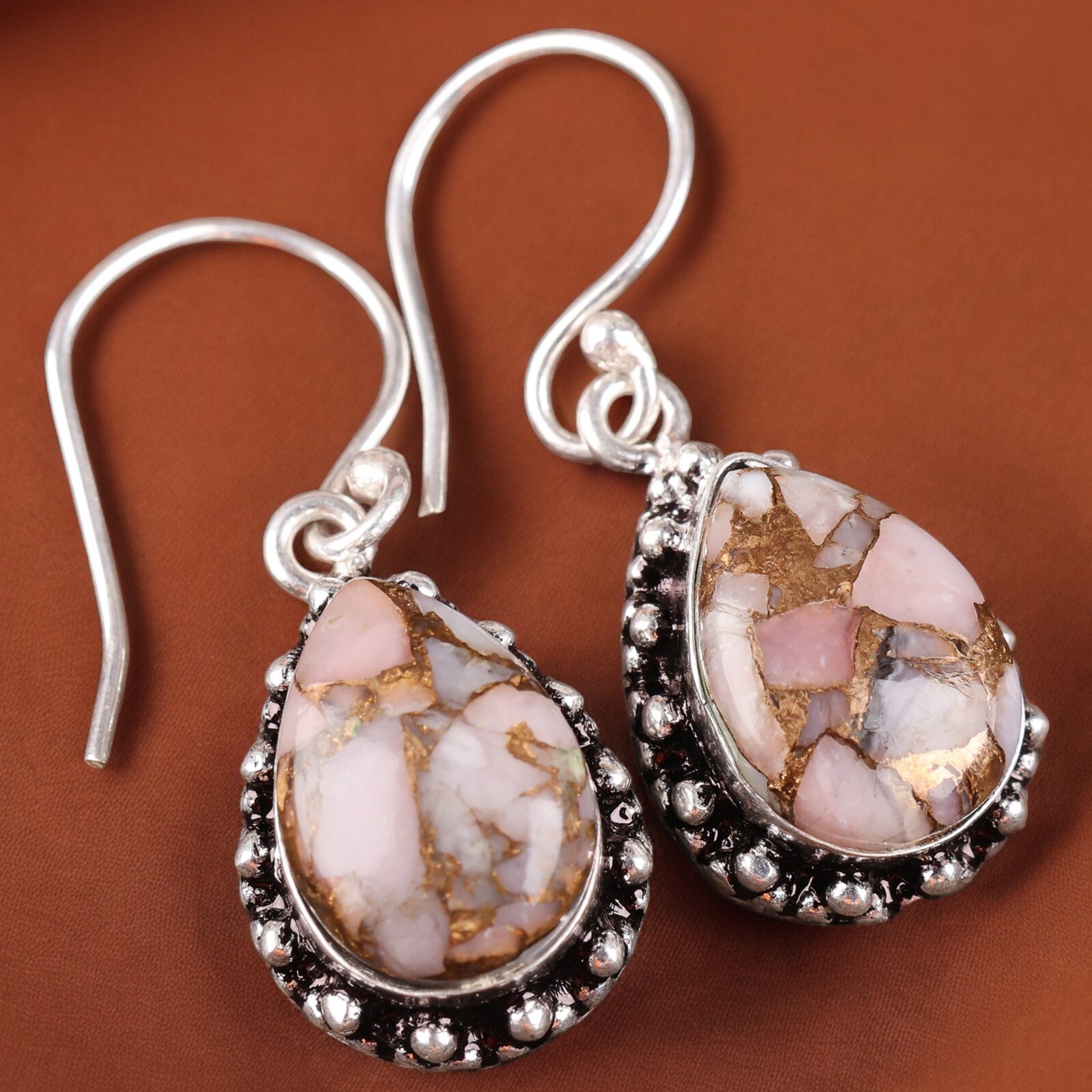 925 Solid Silver Indian Jewelry Pink Opal Turquoise Gemstone Dangle Earrings BB