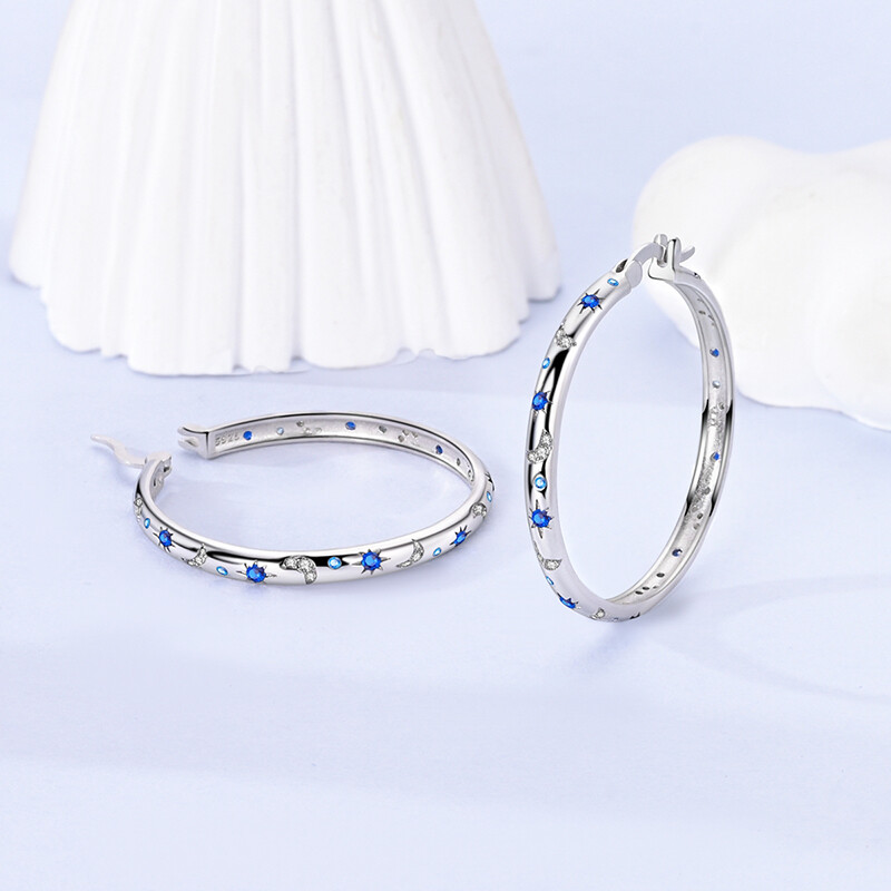 MULA 925 Sterling Silver Sparkling Starry Night Large Hoop Earrings CZ For Women