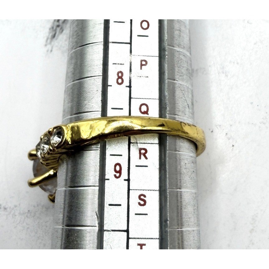 Gold Tone Clear Stone Ring Size 8.5 Solitaire Bridal Style Pageant WATCH VIDEO