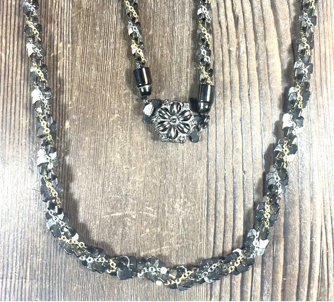 VTG Twist Chain Necklace Gunmetal Black & Silver/Gold Tone 25” Flower Clasp