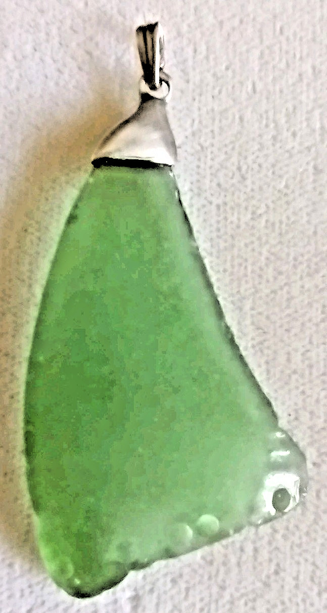 Vintage 1970s Large Sterling Silver Green Sea Beach Glass Boho Pendant 2-1/4″