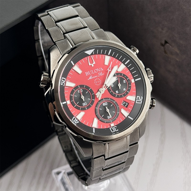 Bulova Marine Star Red Dial Chronograph Men’s Quartz Watch 43mm 98B350