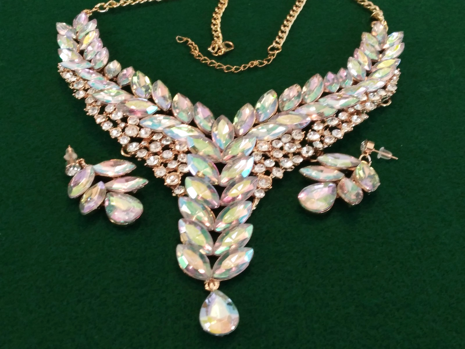 Contemporary Necklace Set Acrylic AB Marquis Stones Gold Tone Pierced Bridal
