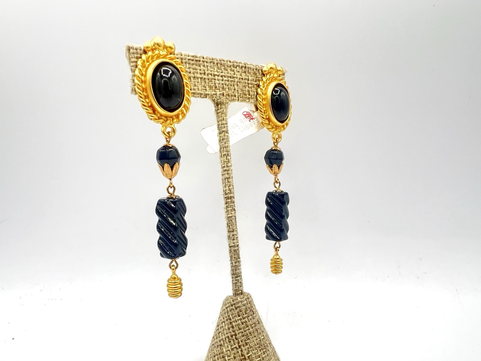 VTG 80s Saks Fifth Ave 24KGP Gold Black Bead Clip On Earrings Ro-Do $100 NOS OH