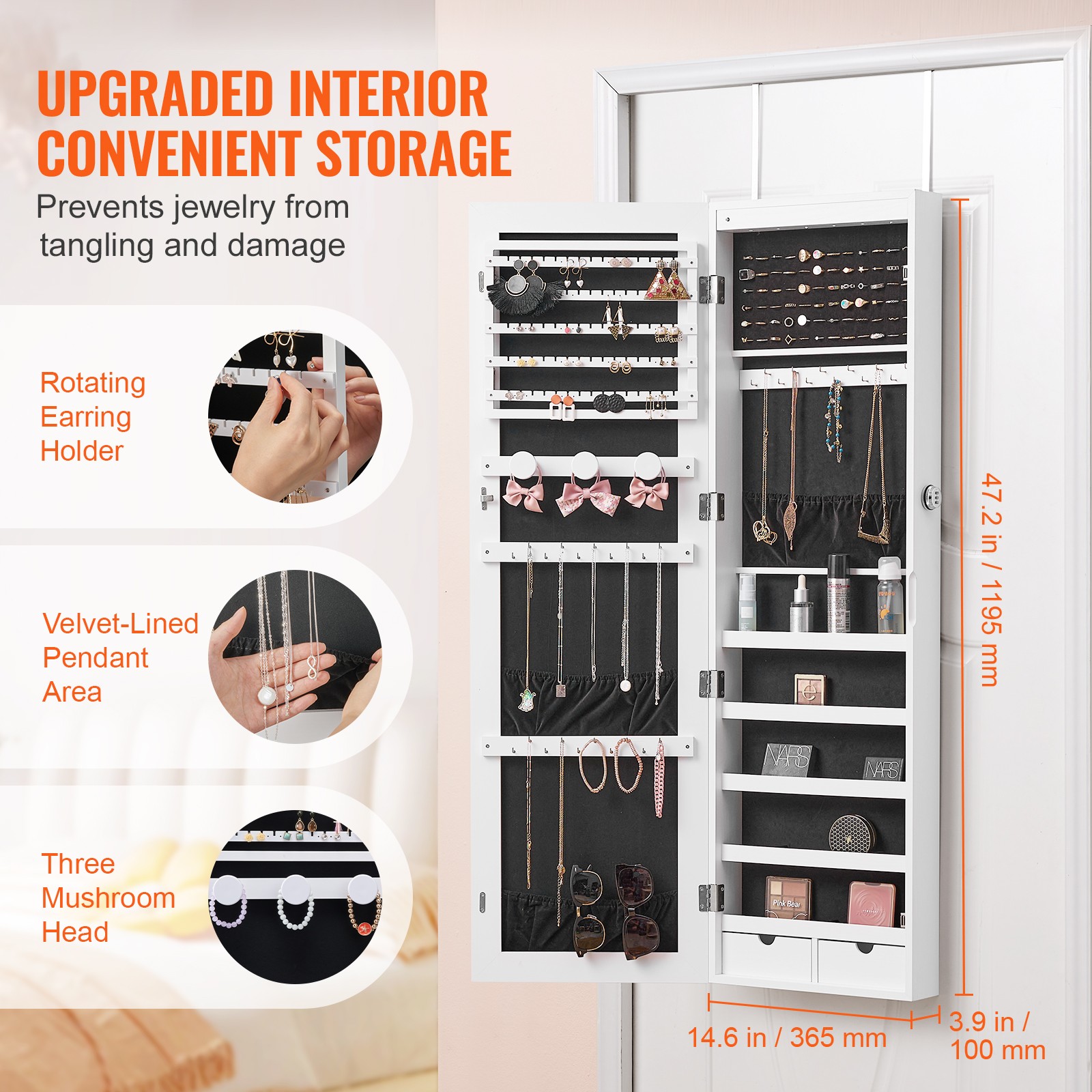 Uimoso Mirror Jewelry Cabinet47.05in Lockable Wall or Door Mounted Armoire White
