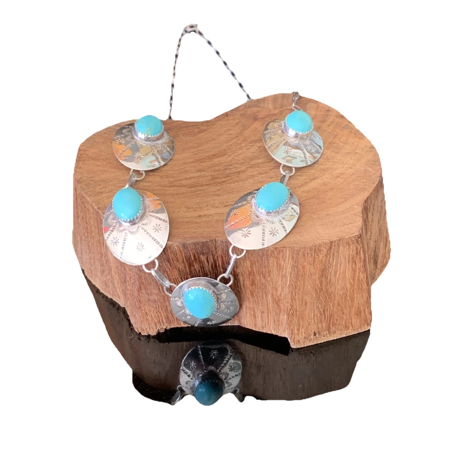 Southwestern Turquoise Stamp Work Sterling Silver Lariat Concho Necklace Vintage