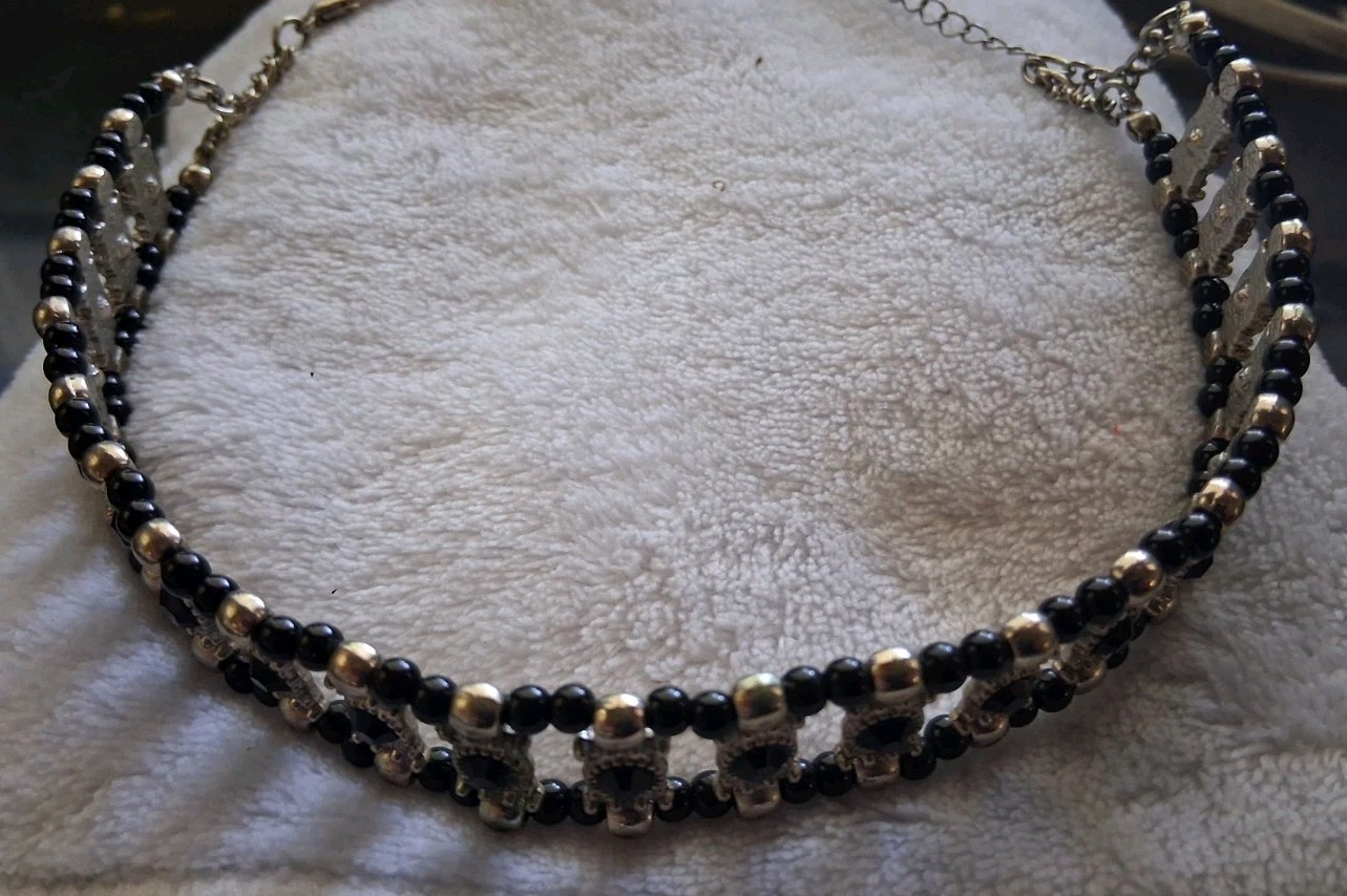 Vtg Gothic Black Beaded Panel Choker Necklace Silver Tone Victorian Rhinestone